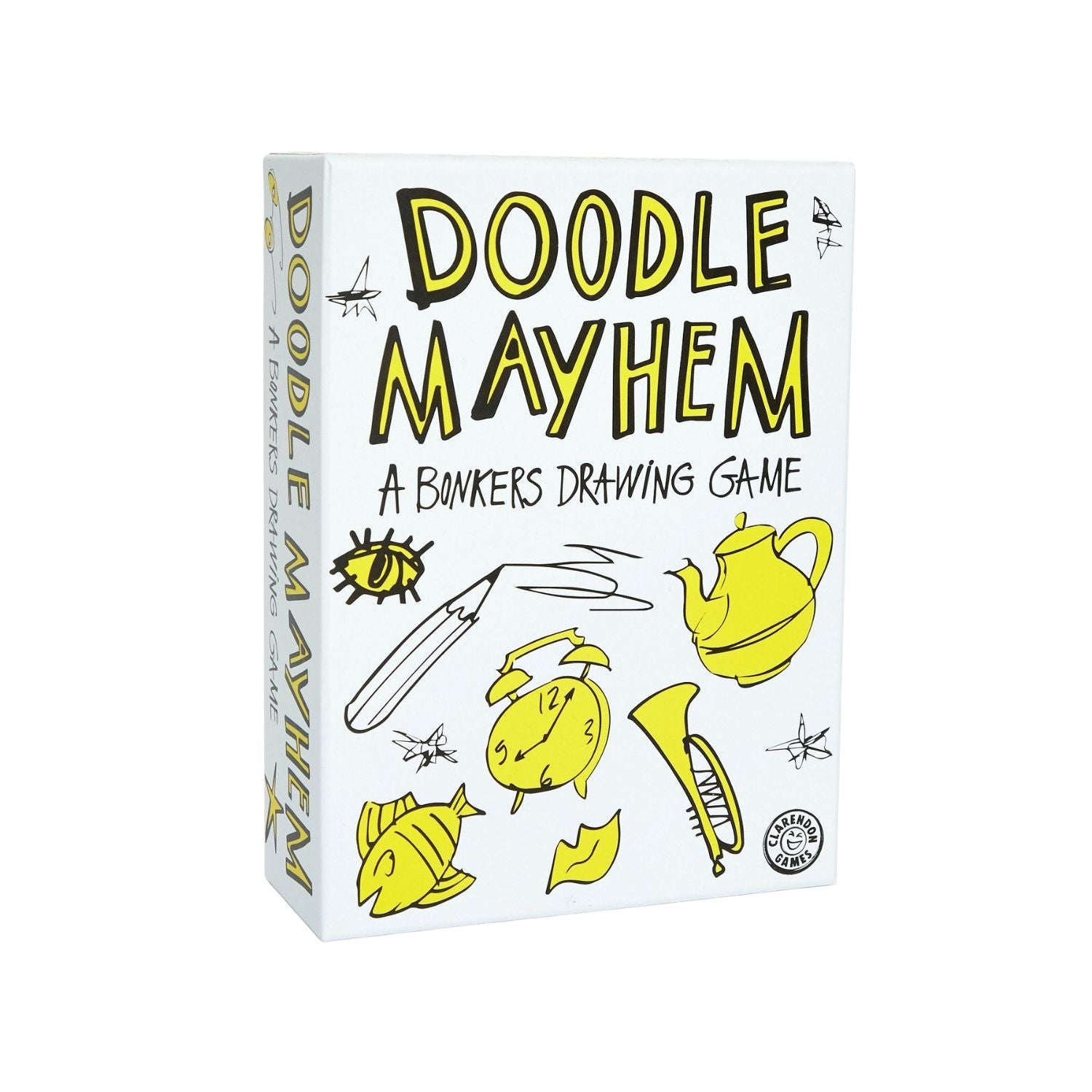 Doodle Mayhem Product Packaging with yellow drawings on the box