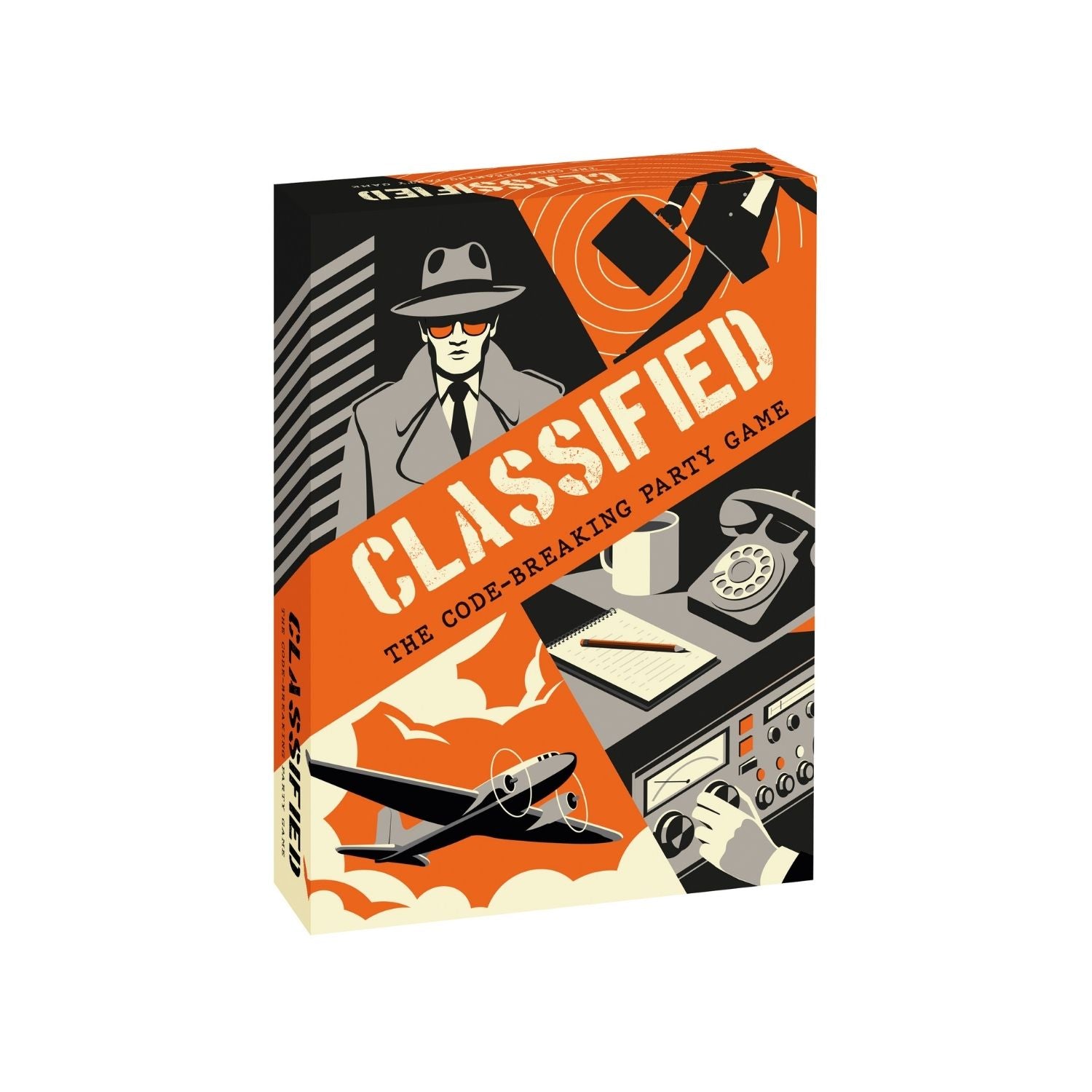 Box of 'Classified' code-breaking party game with spy-themed illustration.