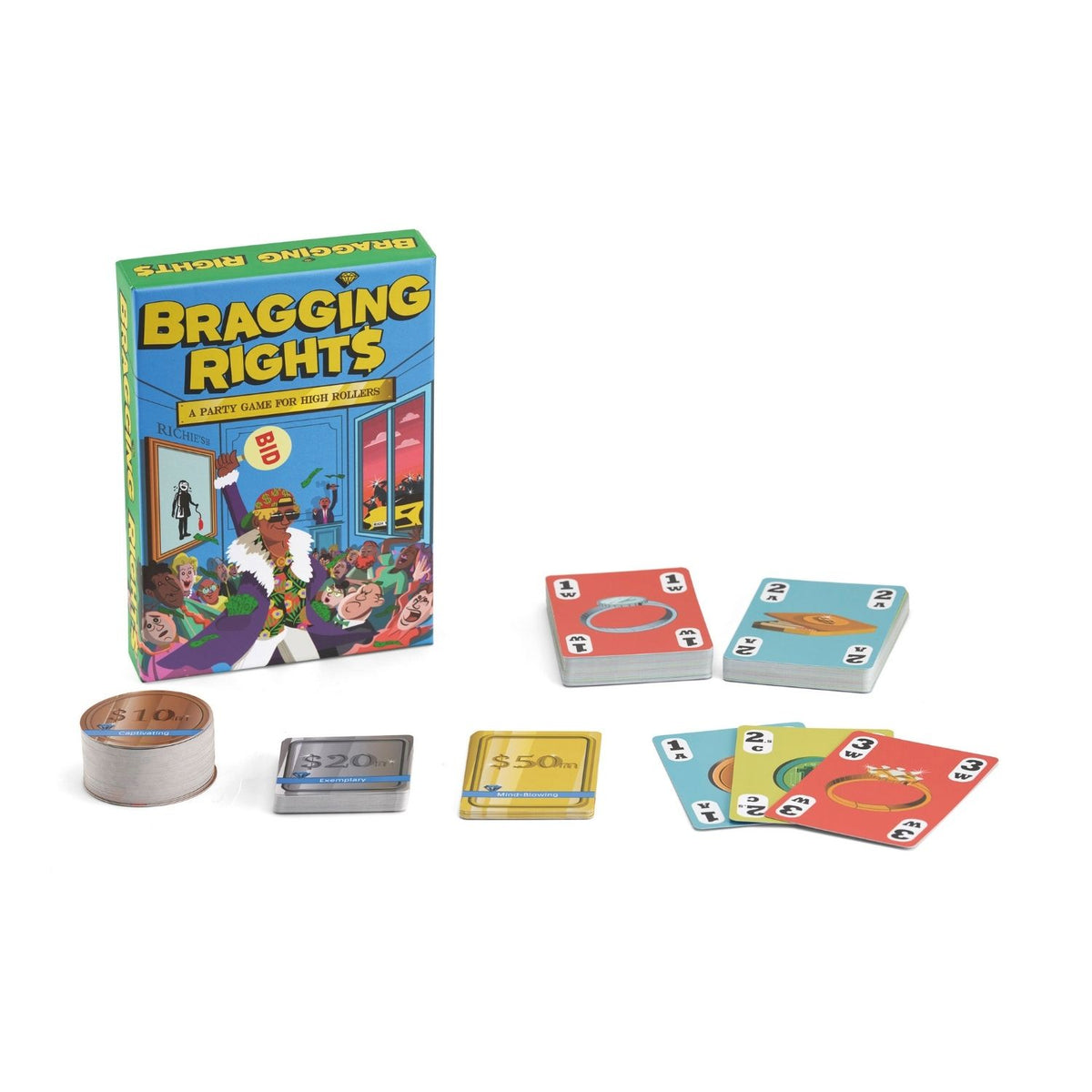 The contents of the game box neatly arranged, displaying the premium asset cards, play money, score tracker, and the quick-start instruction leaflet.