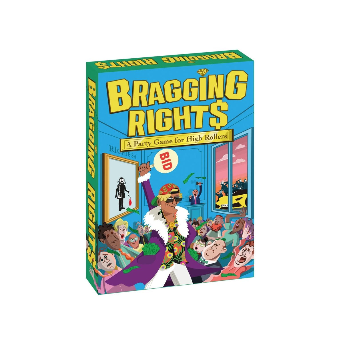 The Bragging Rights party game box styled on a flat surface, showcasing its glamorous, flashy-themed branding, bold typography, and fun aesthetic.