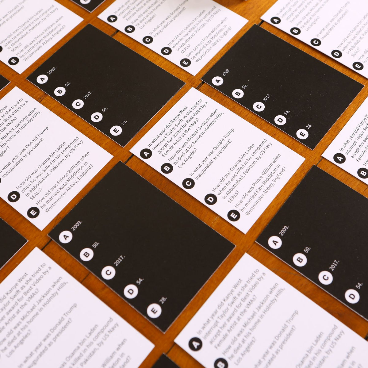A close-up of a question cards showing clear, readable text featuring a memorable modern milestone.