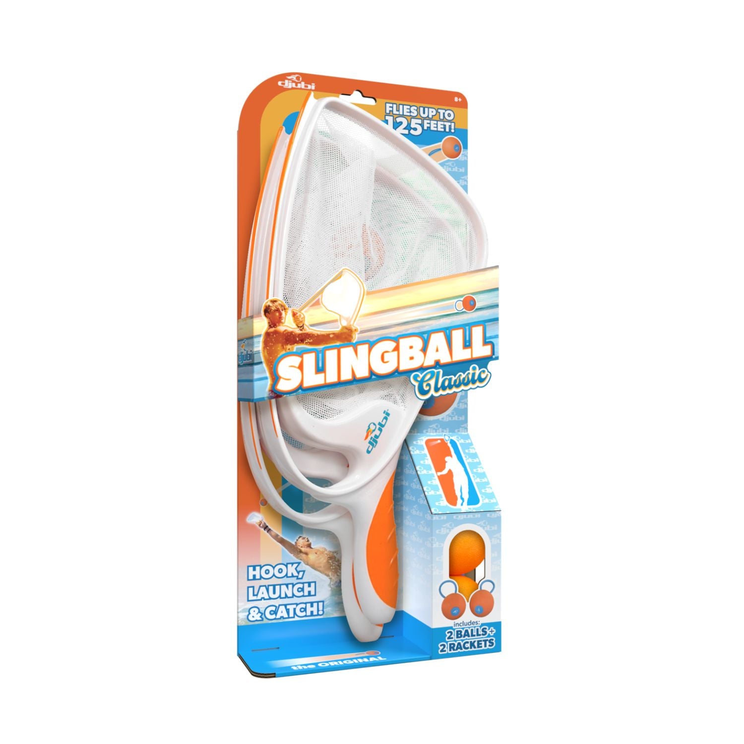 The front-facing retail packaging of Djubi Slingball Classic, showcasing the active branding, clear product layout, and "Ages 8+" icon.