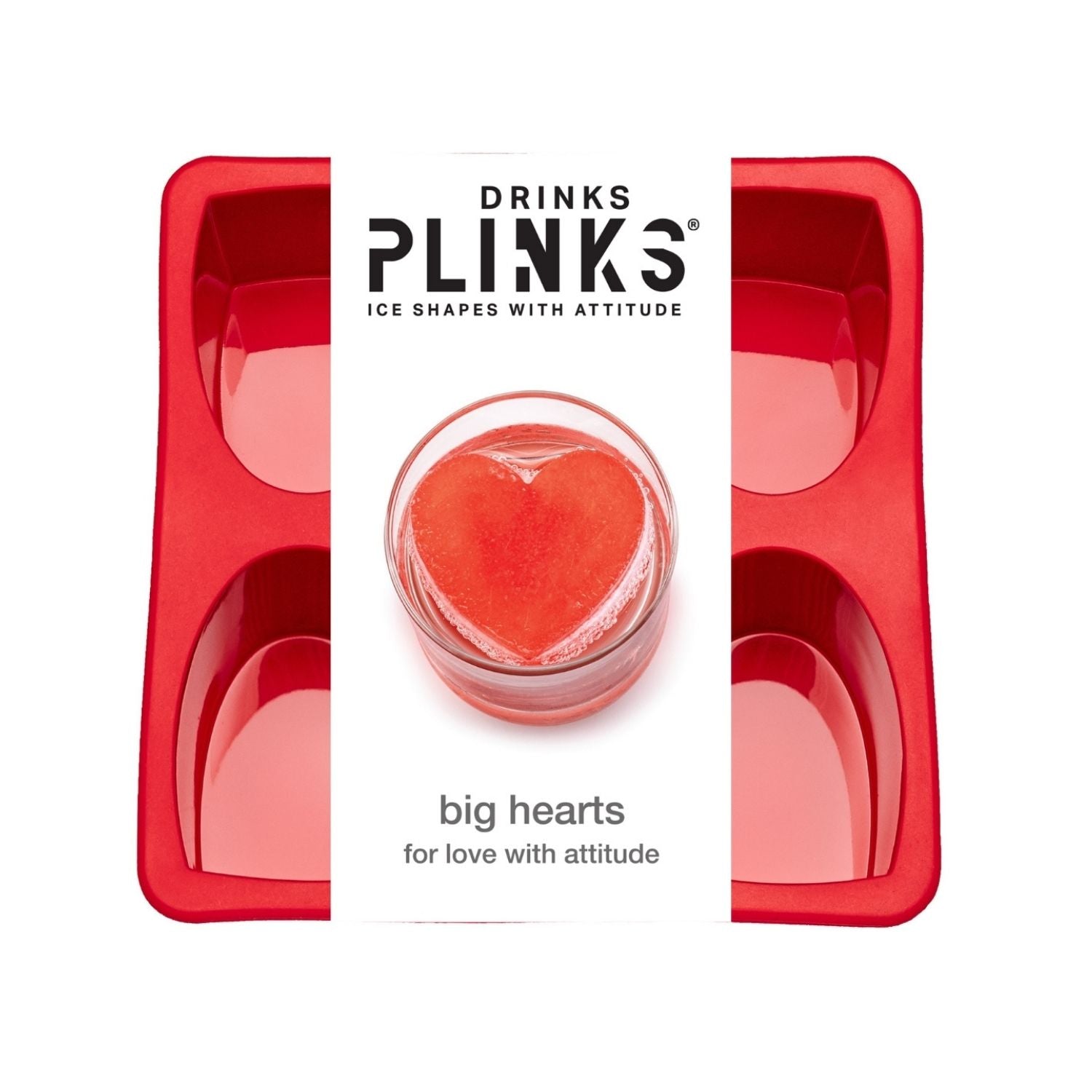 Heart shaped ice mould in flexible red silicone, featuring four large and four mini heart-shaped cavities for varied drink styles.