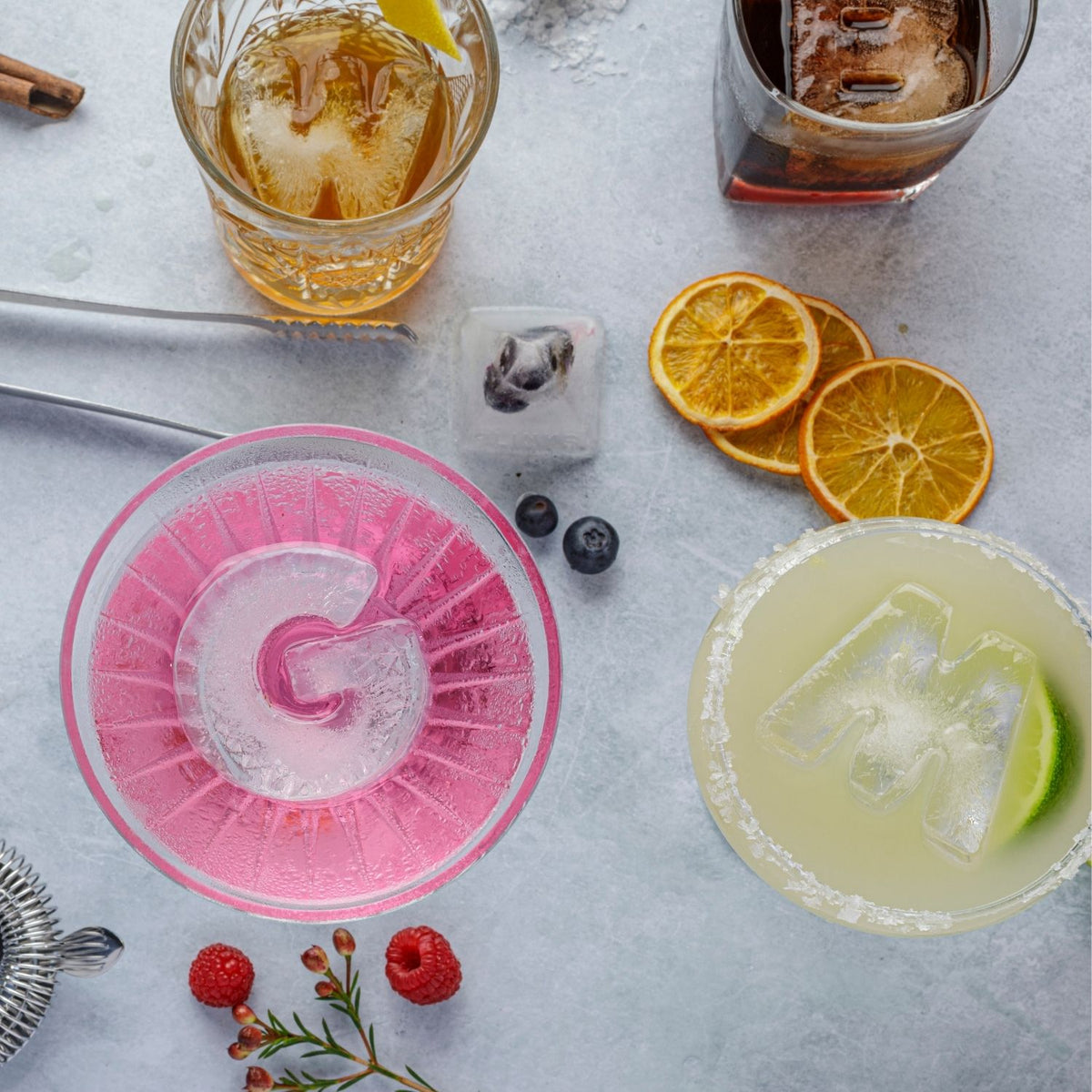Personalised letter ice tray producing bold initial ice cubes for parties and gifting.