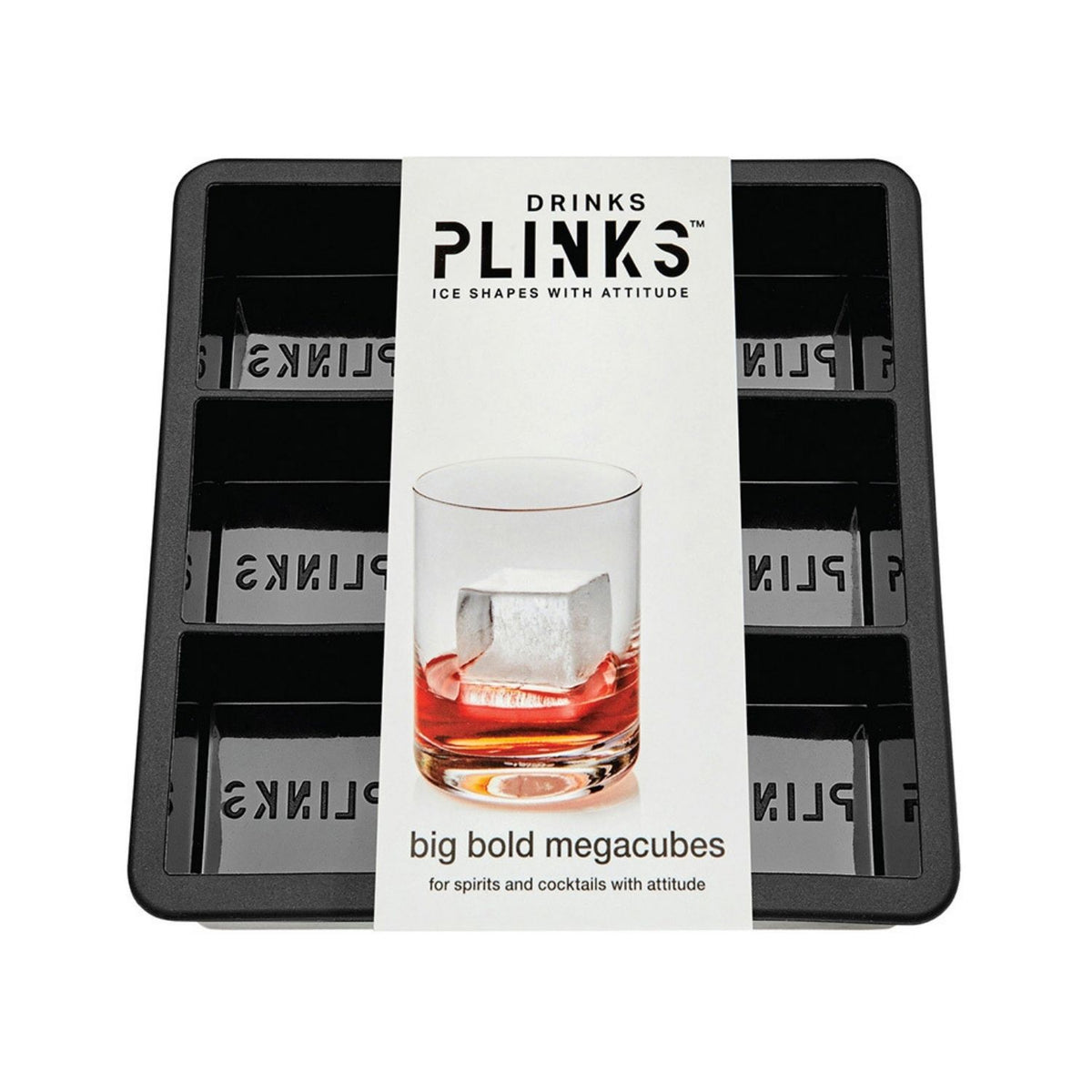 lose-up of a charcoal-grey jumbo ice cube mould with deep fifty-millimetre cavities, suitable for freezing water or baking at high temperatures.