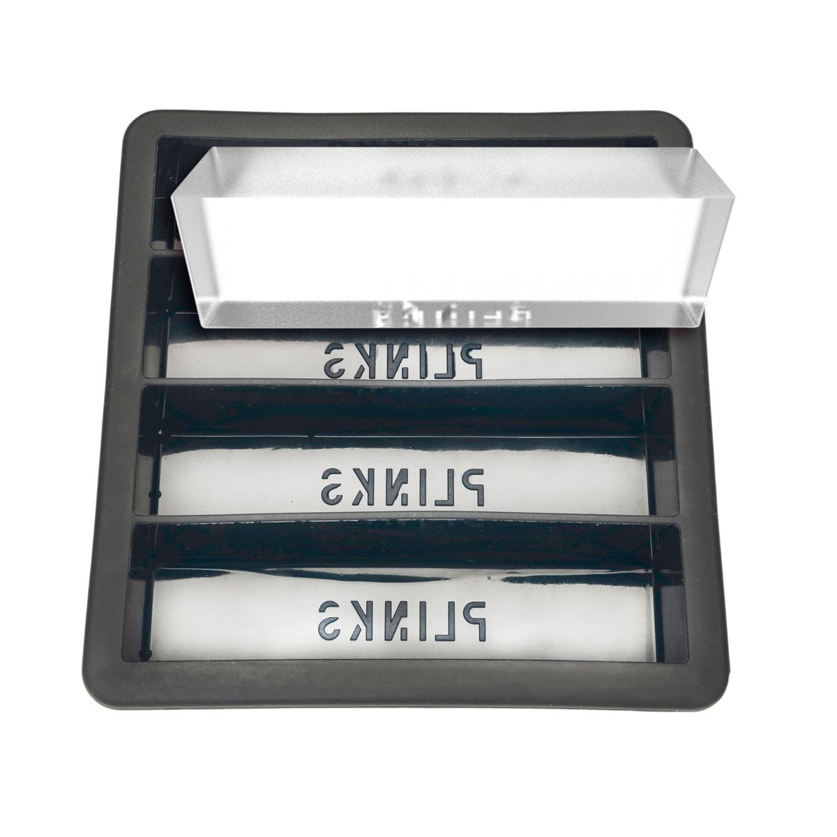 A long, rectangular ice piece from a large slab ice mould being placed into a tall water bottle to demonstrate its slim, practical design.