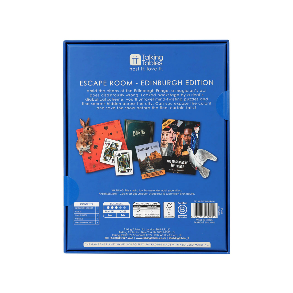 Blue box of 'Escape Room Edinburgh Edition' game by Talking Tables on a white background