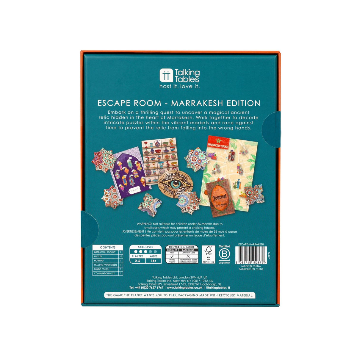 Back of an 'Escape Room - Marrakesh Edition' product packaging by Talking Tables.