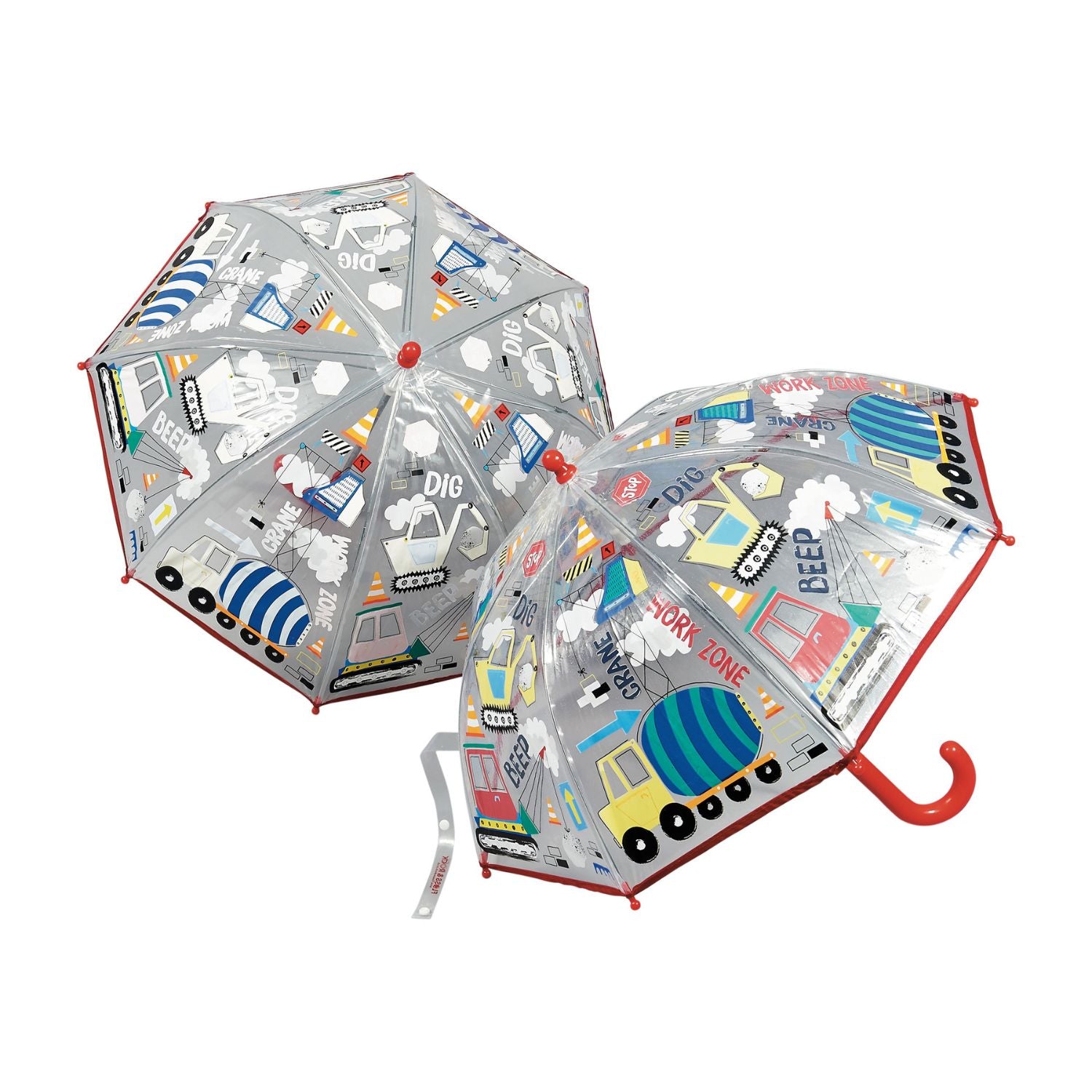 Children's umbrella with colorful cityscape and construction design 