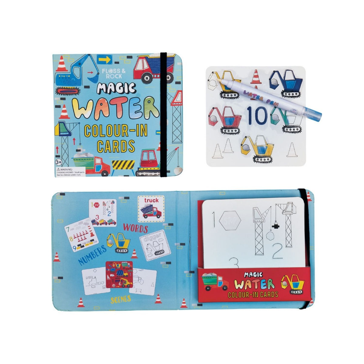 A set of magic colour changing water cards for kids, with construction theme including trucks and diggers, comes with a water pen. The product is displayed open to show multiple cards and a brief description on the cover.