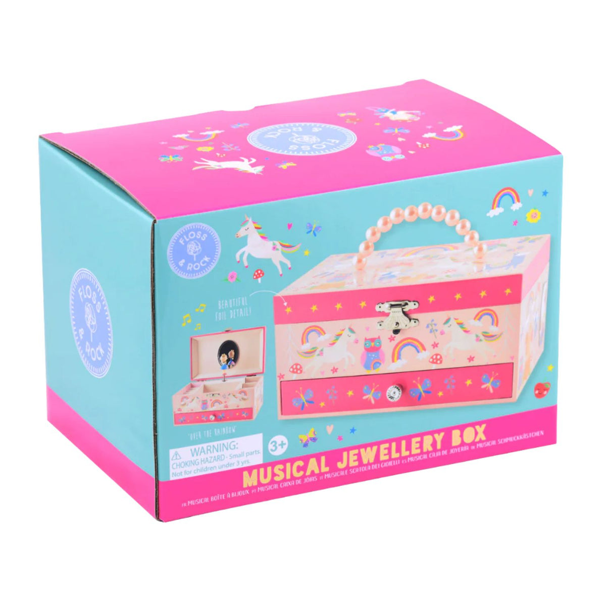 The biodegradable gift box for the Rainbow Fairy jewellery box, highlighting the eco-friendly materials and soy-based ink printing.