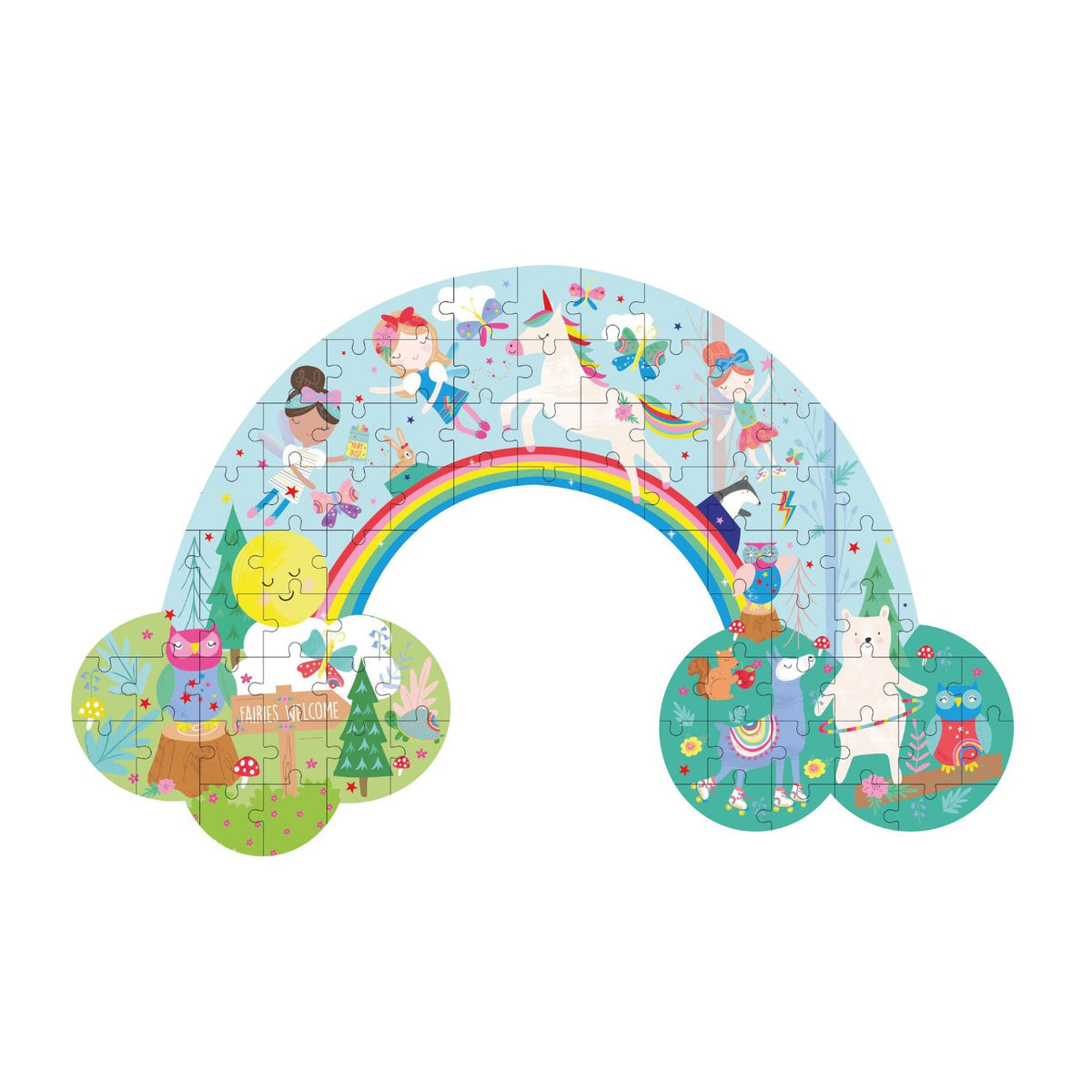 The fully assembled 60 x 40 cm rainbow puzzle shown next to its shaped storage box, demonstrating the impressive size and unique curved edges.