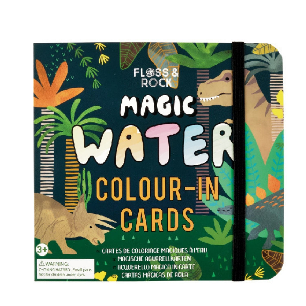 A set of 10 Dinosaur Magic Water Colouring Cards featuring prehistoric landscapes, shown with the included refillable magic water pen.