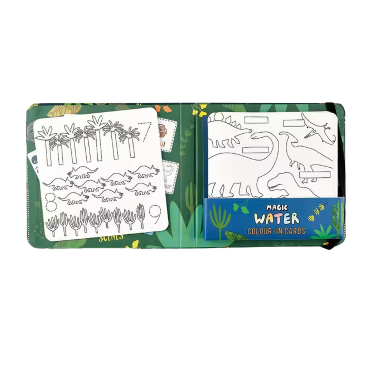 Magic Water colour-in cards with dinosaur and plant designs