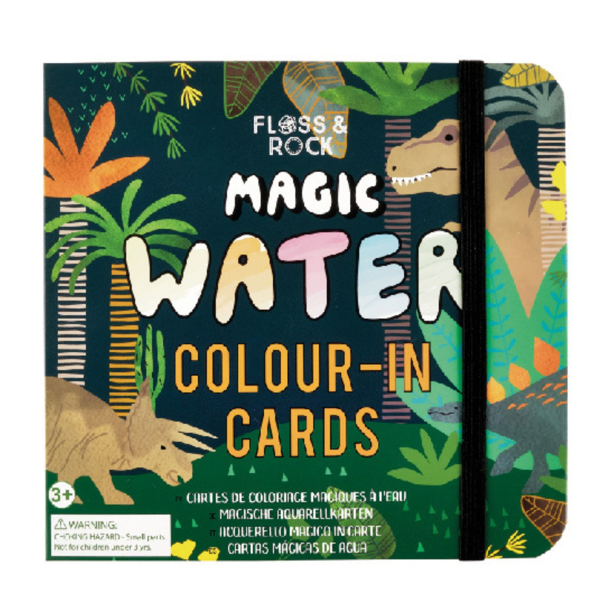 A set of 10 Dinosaur Magic Water Colouring Cards featuring prehistoric landscapes, shown with the included refillable magic water pen.