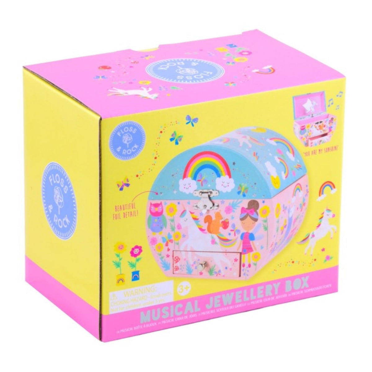 The biodegradable gift box for the Rainbow Fairy oval jewellery box, emphasizing the use of recycled materials and soy-based inks.