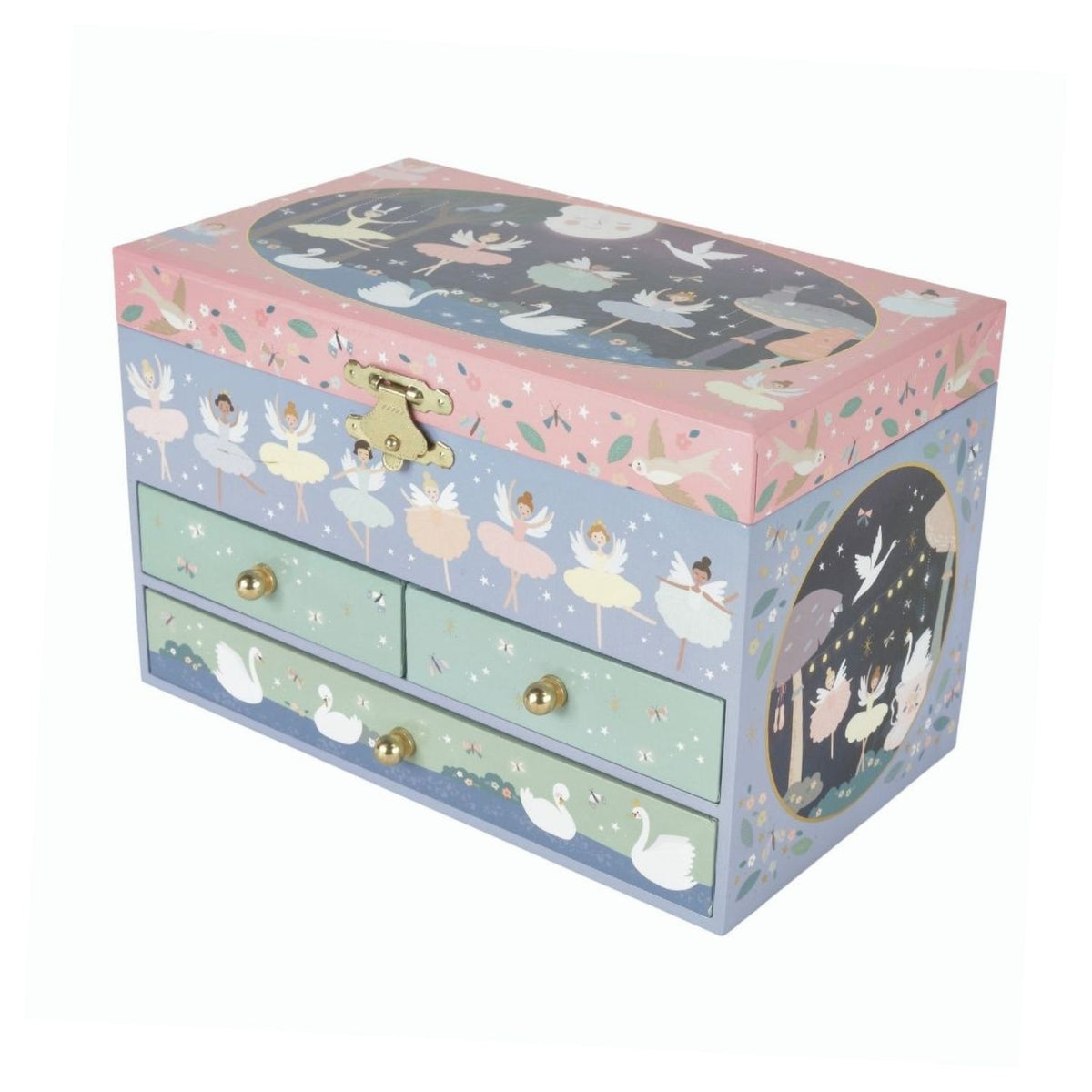 Keep trinkets safe with this kids' jewellery box featuring handy pull-out drawers and a spacious interior. Plays the enchanting "Swan Lake" melody and fits perfectly on any bedroom shelf.