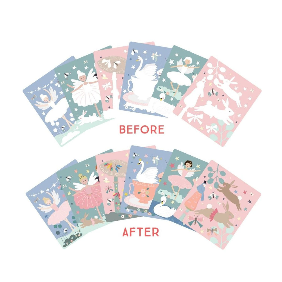 A spiral bound pad of magic water color changing easel and pen with illustrations of animals and a fairy on the cover, along with a blue water pen.