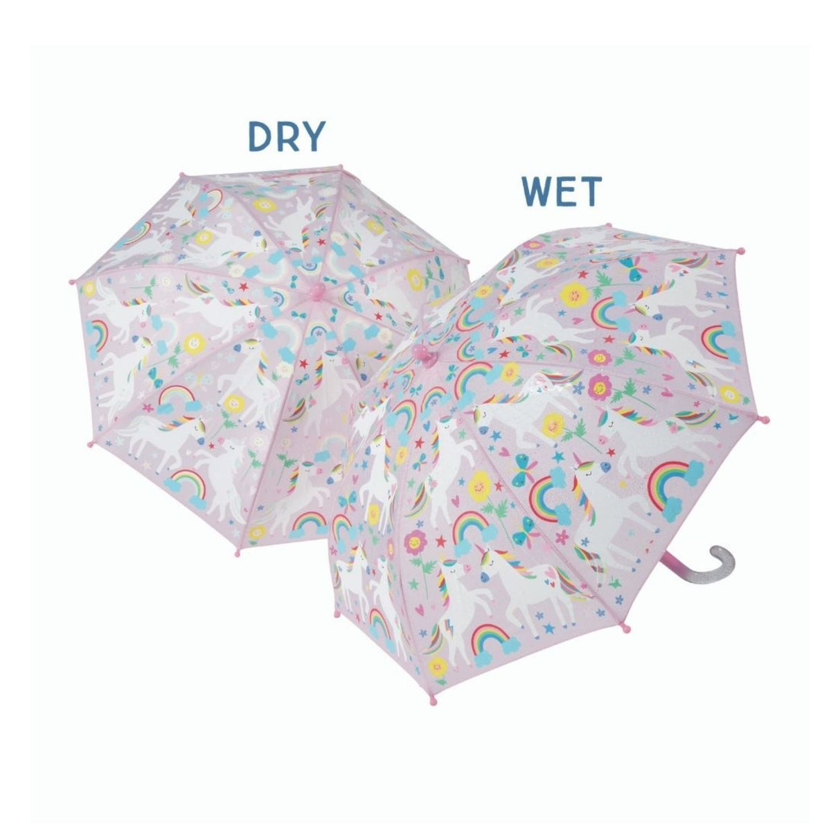 Childrens umbrellas showing difference between dry and wet states with rainbow unicorn pattern.