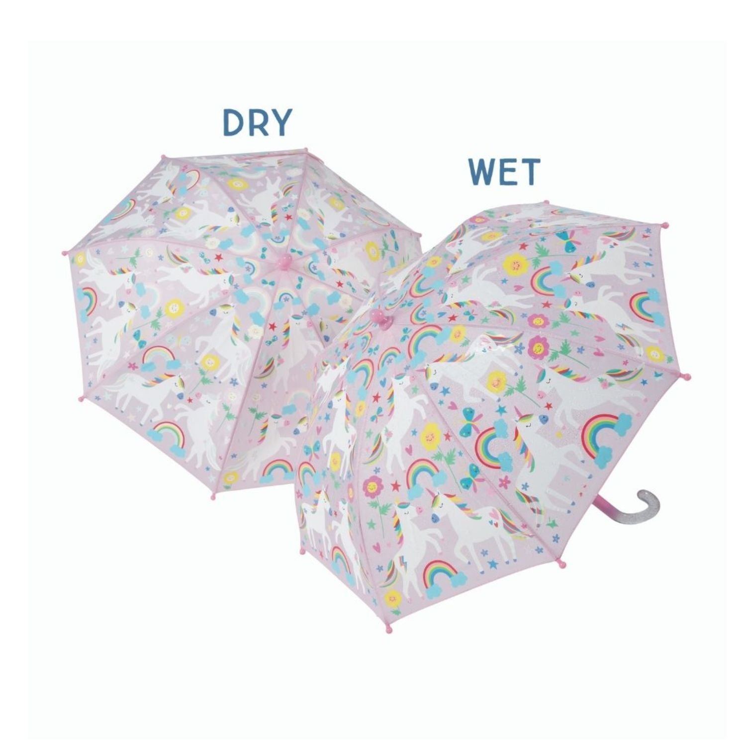 Childrens umbrellas showing difference between dry and wet states with rainbow unicorn pattern.