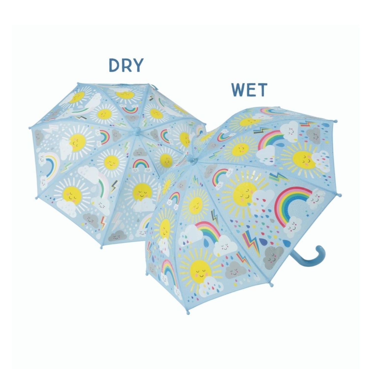 Children's umbrellas showing dry and wet conditions with colorful sun and clouds design