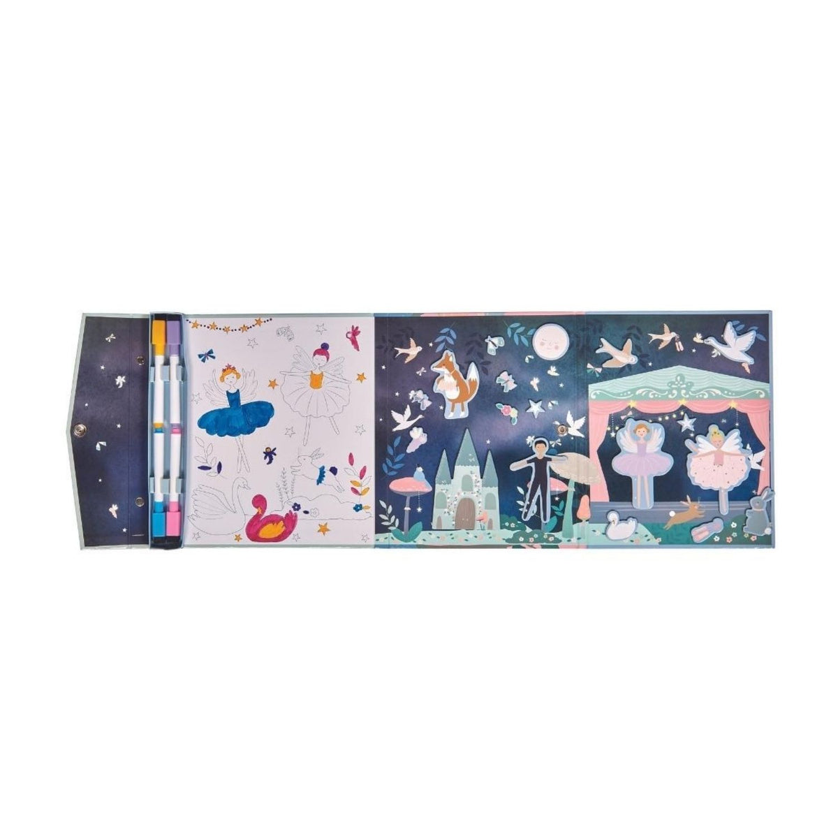 The Enchanted Magnetic Multi Play set opened flat to show the 20-piece magnetic ballerina puzzle, doodle board, and pop-out swan and dancer play pieces.