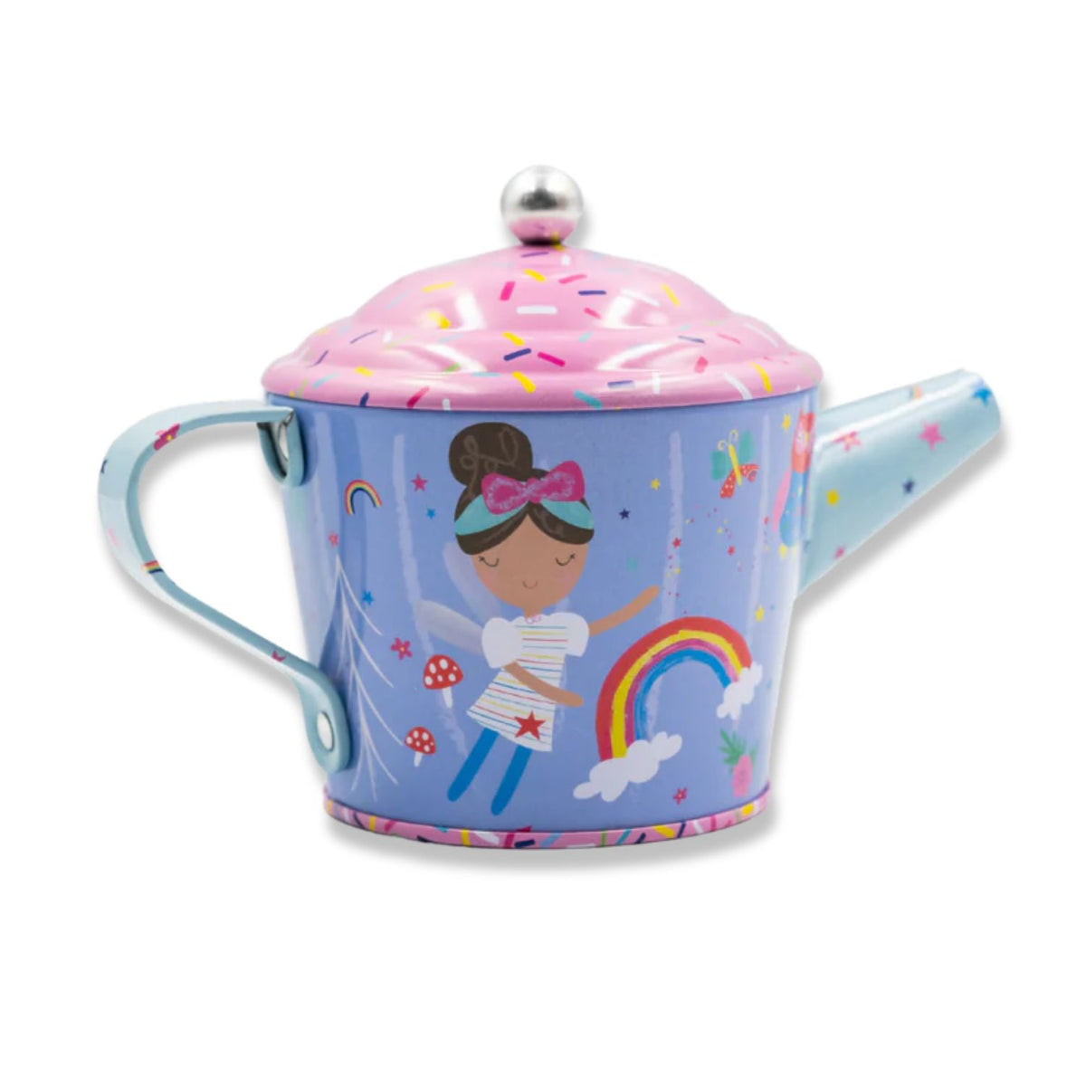 A close-up of the teacups and saucers, highlighting the detailed hula-hooping bear and unicorn artwork on the high-quality surfaces.