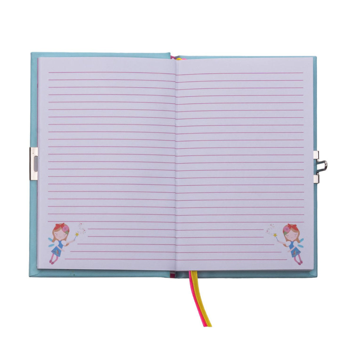 Open childrens diary with lined pages and fairy illustrations 