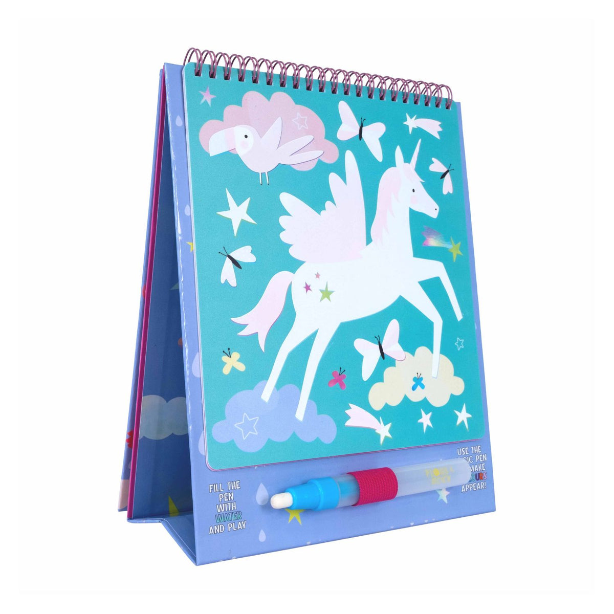 A colorful Magic Water Easel Pad with a spiral binding and a pen, designed for color-changing activities.