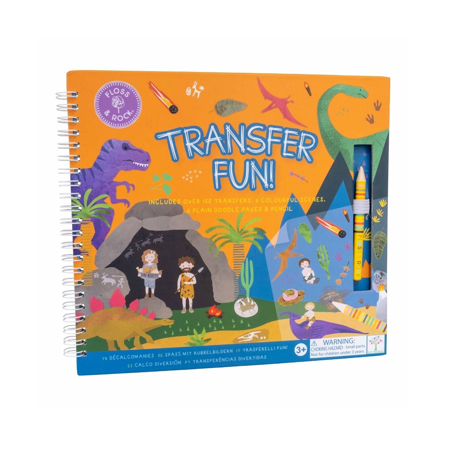 Travel-friendly children’s dinosaur transfer book featuring T-Rex, Stegosaurus, and volcanoes. A spiral-bound scratch-and-reveal activity for ages three plus.