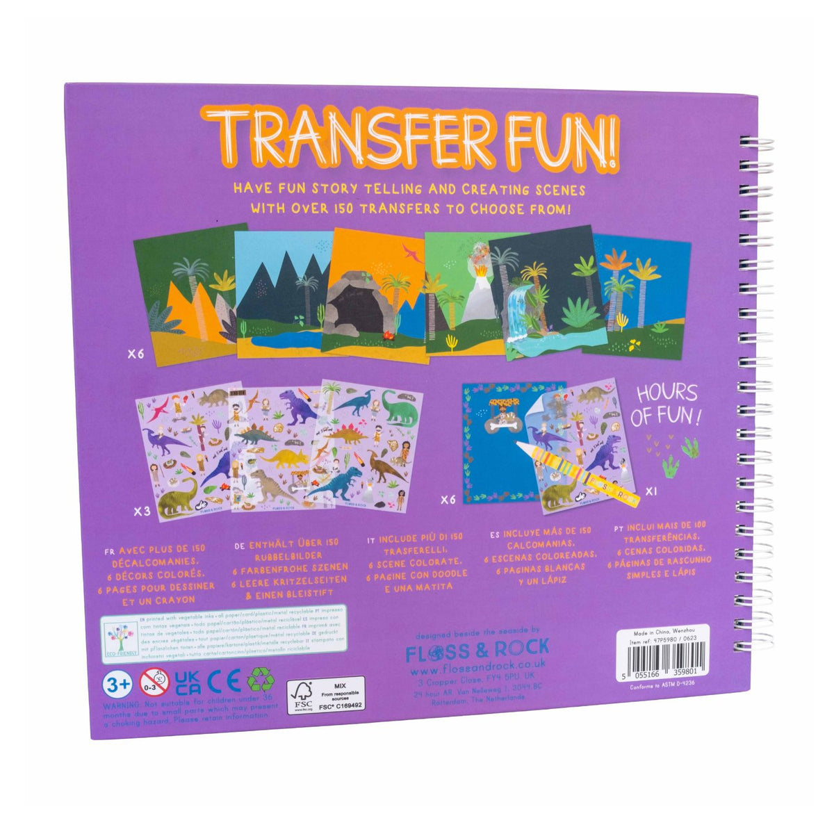 Travel-friendly children’s dinosaur transfer book featuring T-Rex, Stegosaurus, and volcanoes. A spiral-bound scratch-and-reveal activity for ages three plus.