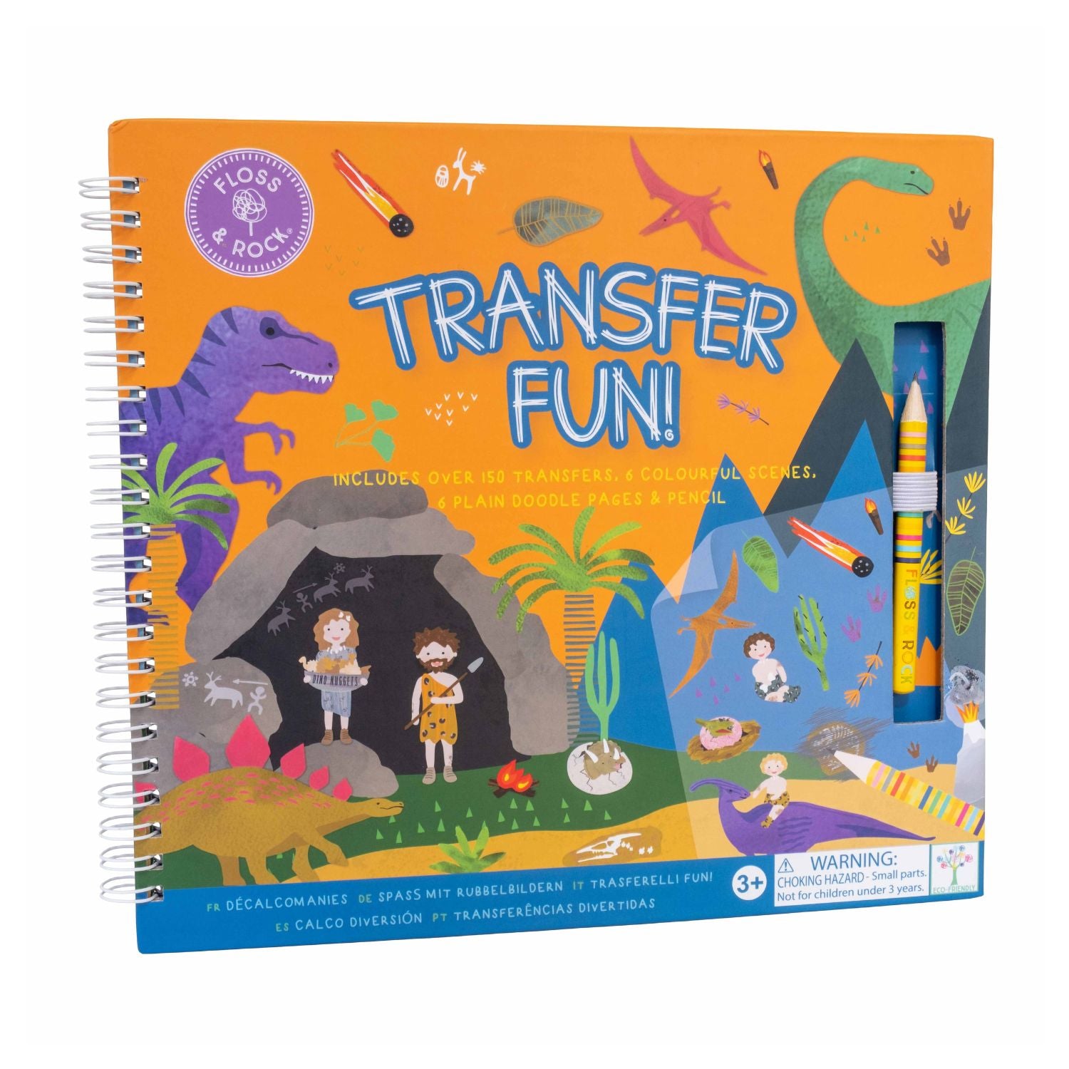 Travel-friendly children’s dinosaur transfer book featuring T-Rex, Stegosaurus, and volcanoes. A spiral-bound scratch-and-reveal activity for ages three plus.