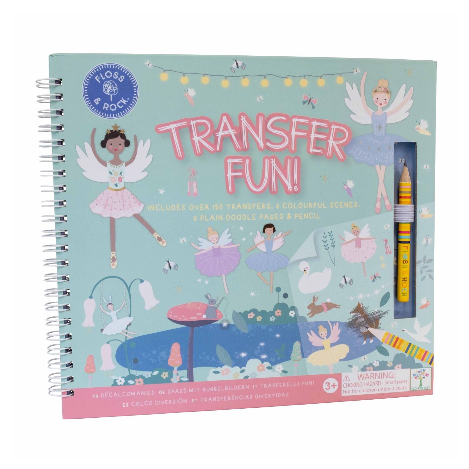 This spiral-bound children’s transfer book is perfect for travel. Features ballet dancers and castles to scratch and reveal. For ages three and over.