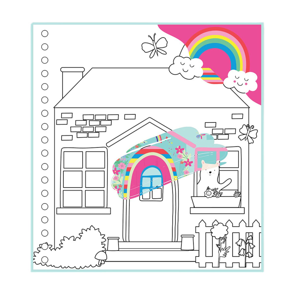 Coloring book page with a house, rainbow, and clouds