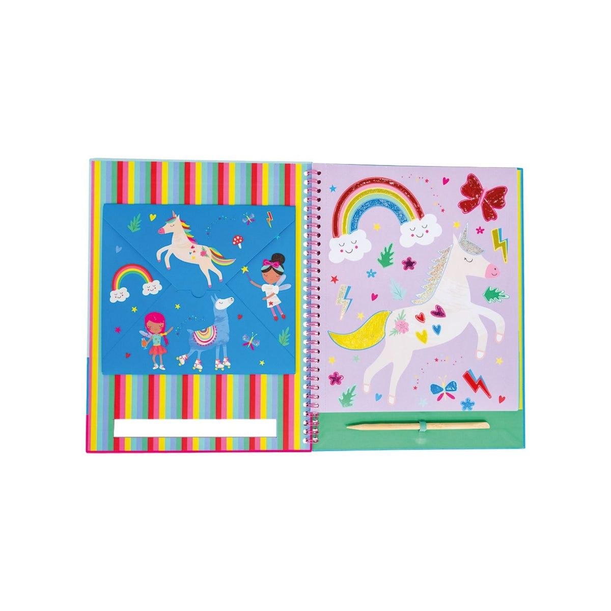 The Unicorn Foil & Play Activity Book showing a spiral-bound cover with a purple unicorn and a stack of shimmering pink and silver foil sheets.