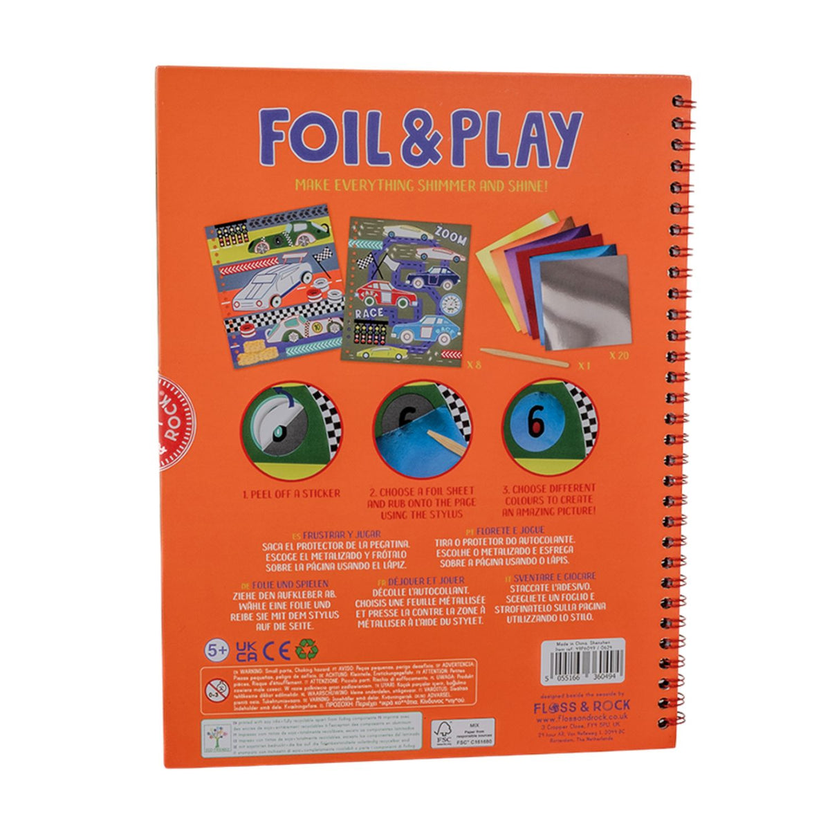 A spiral bound book titled 'FOIL & PLAY' with colorful illustrated pages and various car designs.