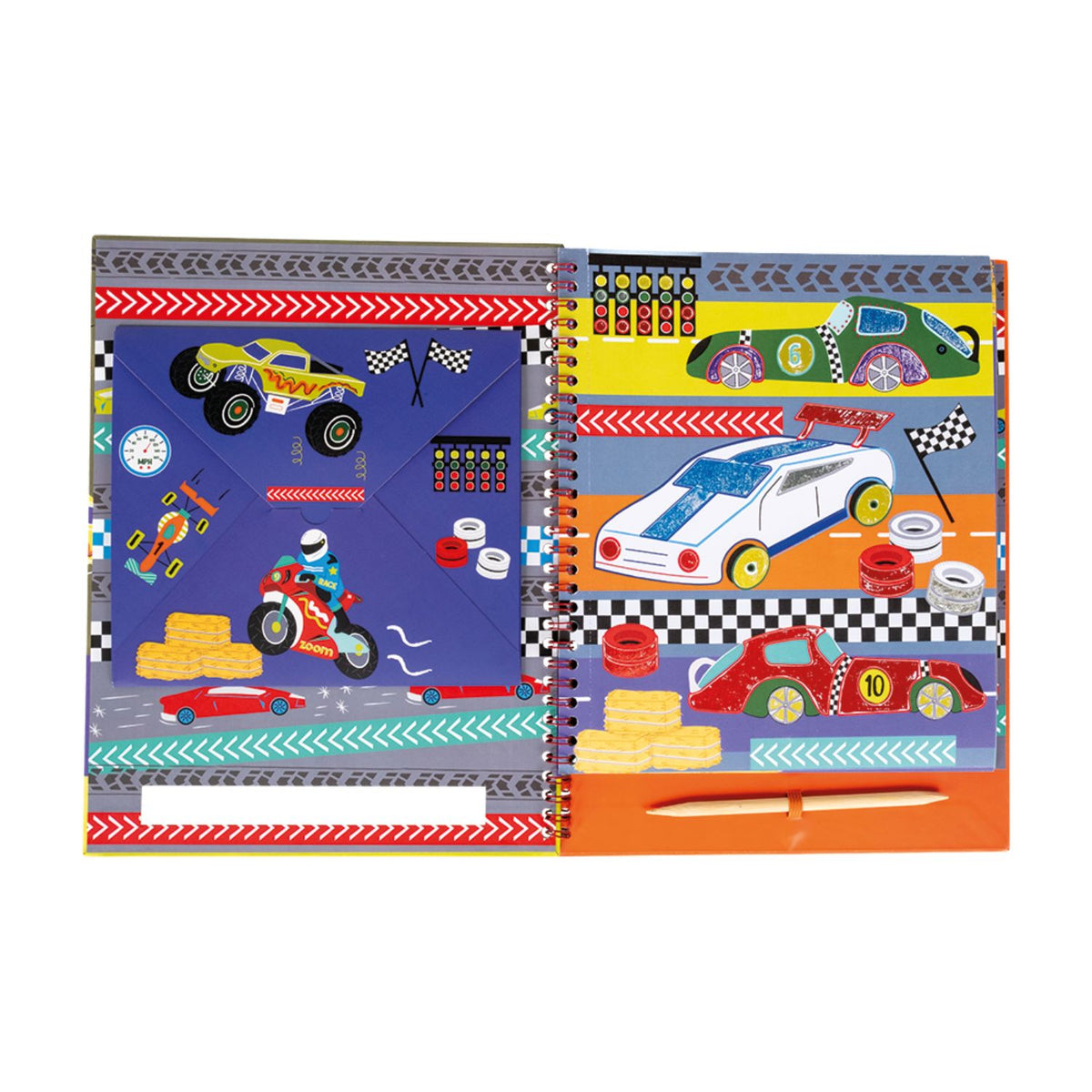 A spiral bound book titled 'FOIL & PLAY' with colorful illustrated pages and various car designs.