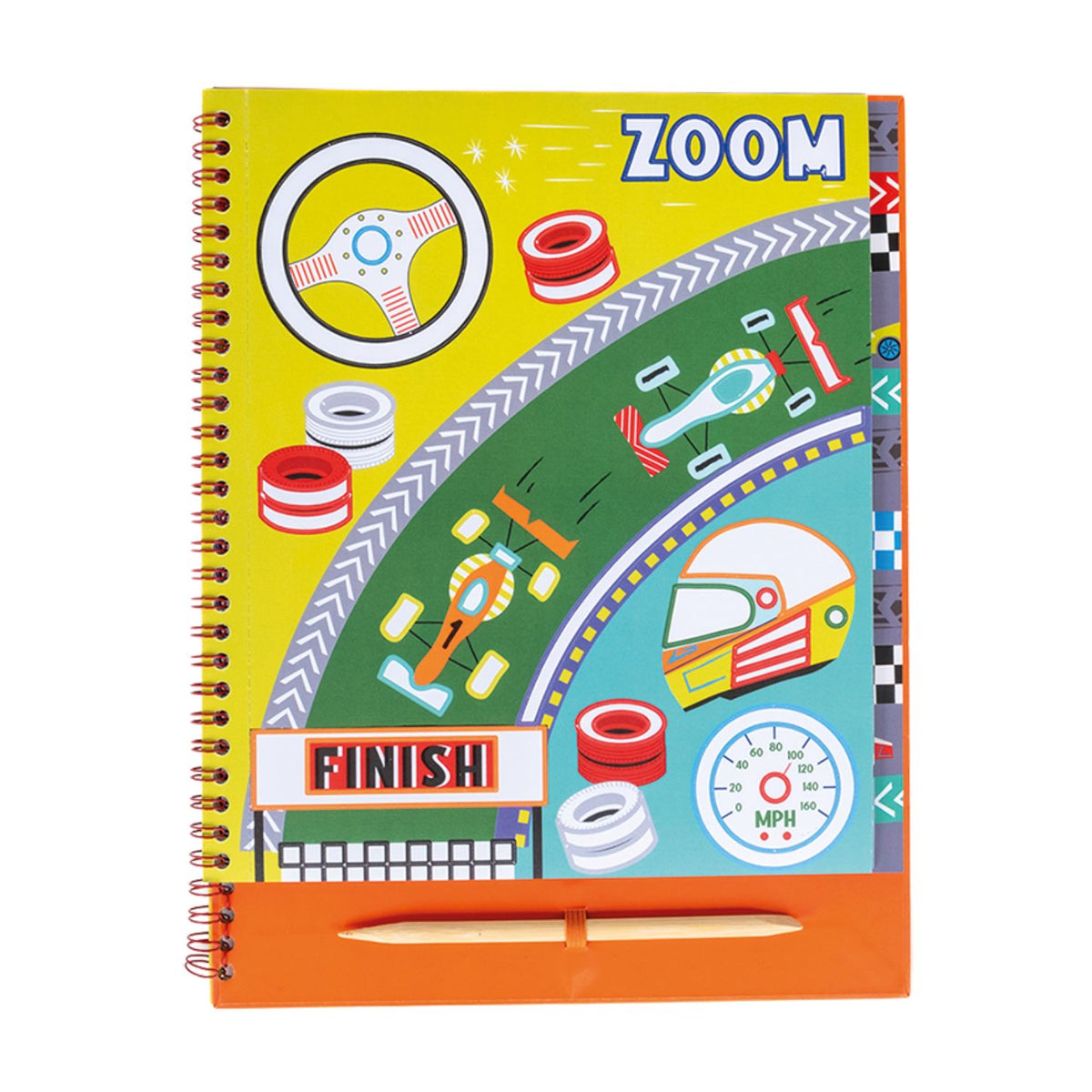 A spiral bound book titled 'FOIL & PLAY' with colorful illustrated pages and various car designs.