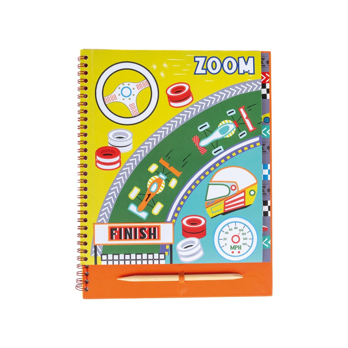 A spiral bound book titled 'FOIL & PLAY' with colorful illustrated pages and various car designs.