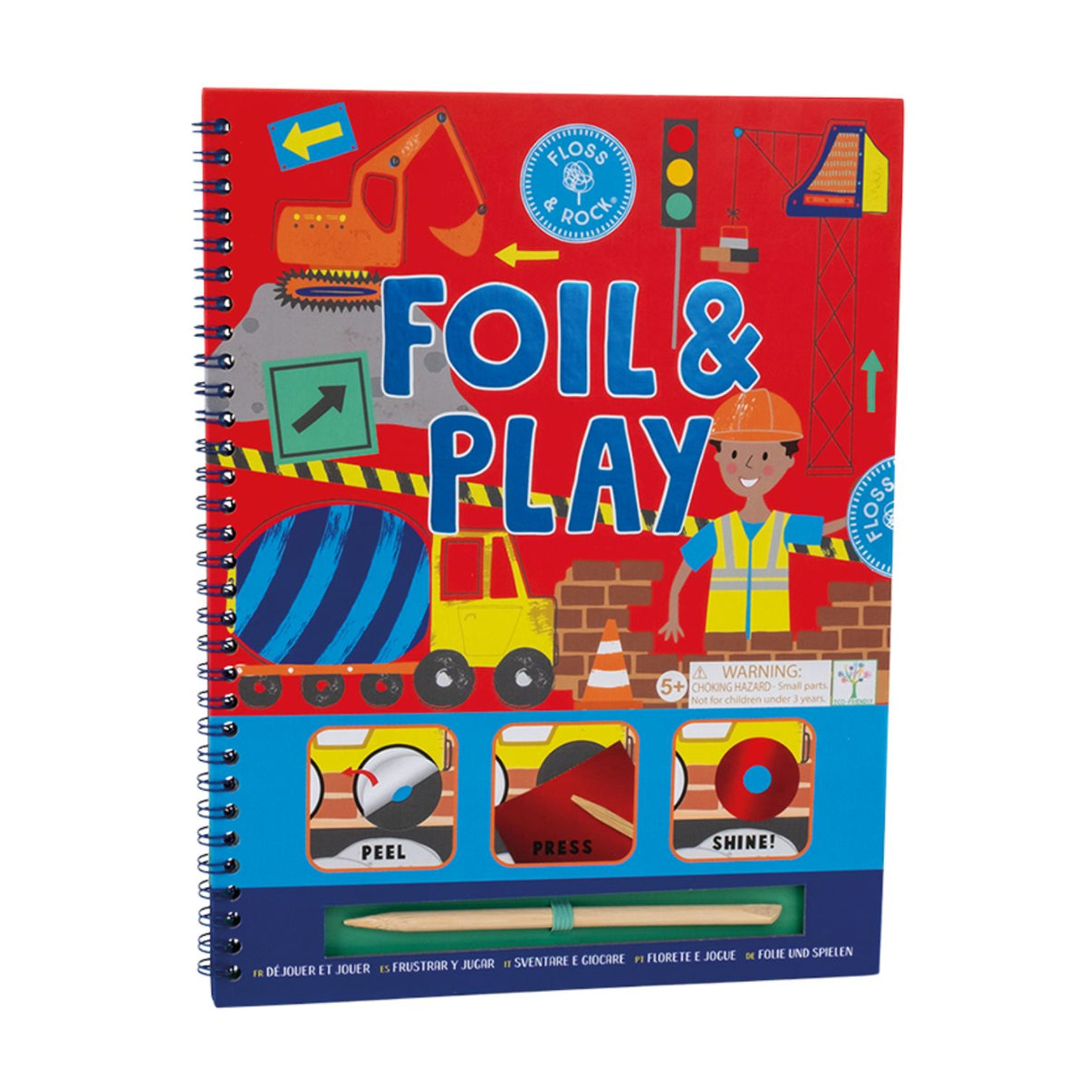 The Foil & Play Construction Activity Book showing a spiral-bound cover with a yellow digger and several vibrant, shimmering foil sheets tucked inside.