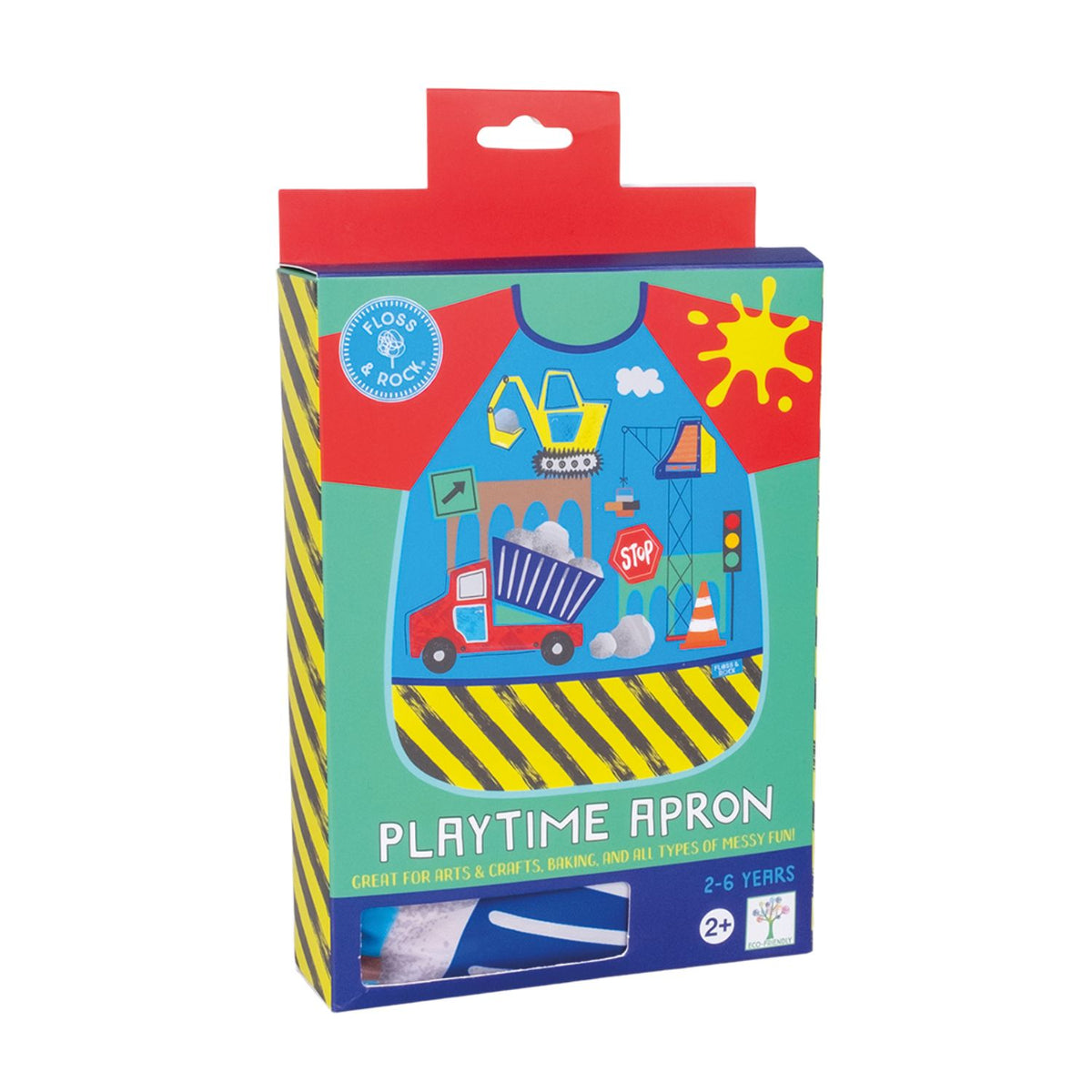 Boxed playtime apron with colorful construction design 