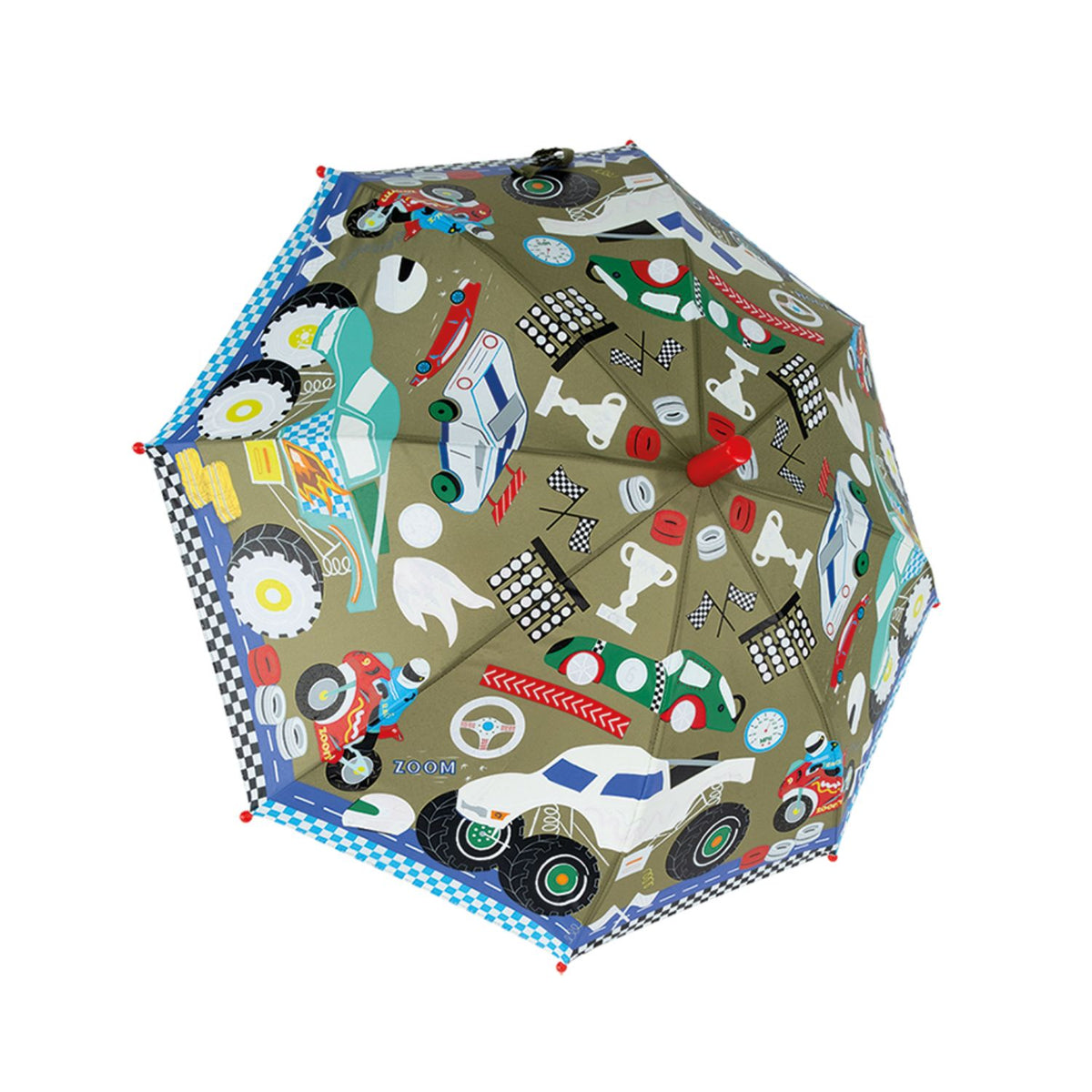 Children's umbrella with racing car and related graphics 