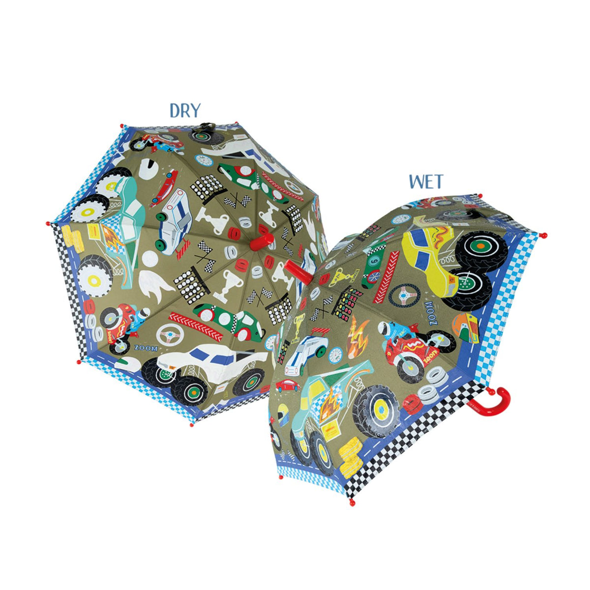 Two open umbrellas showing dry and wet with Cars designs