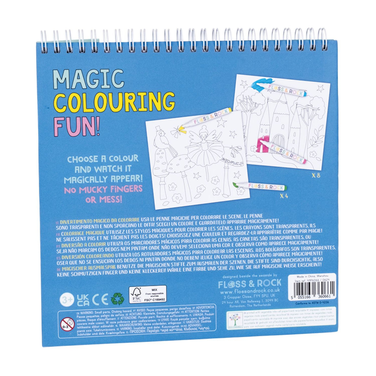 Magic ink colouring book featuring a spiral-bound pad, eight themed illustration pages, and four special pens that only reveal colour on the paper.