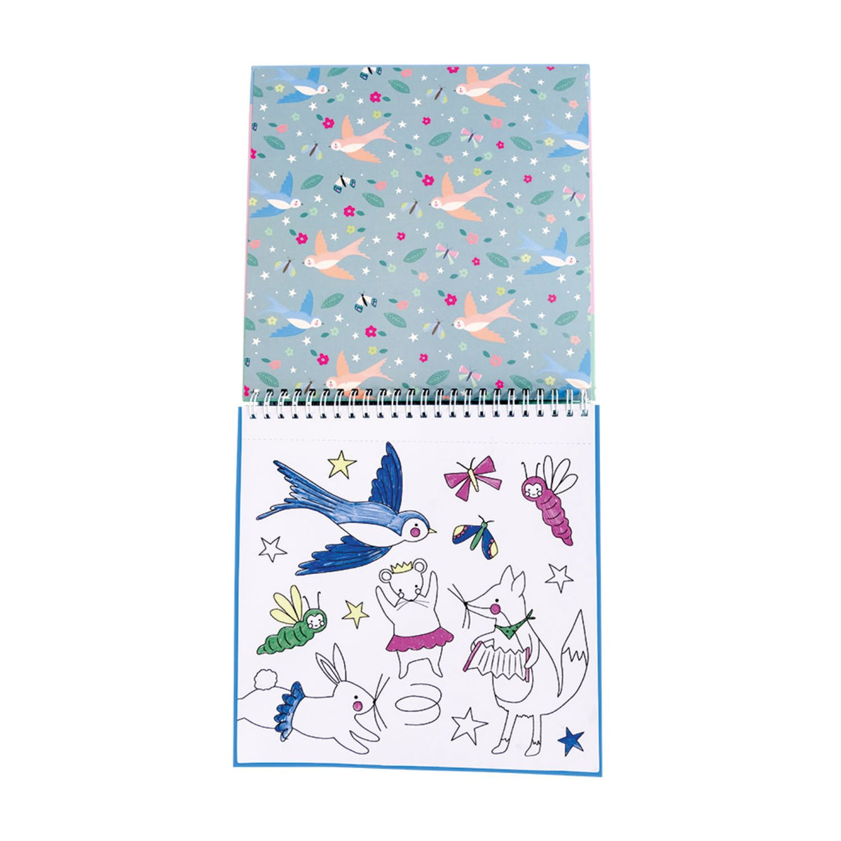 Magic ink colouring book featuring a spiral-bound pad, eight themed illustration pages, and four special pens that only reveal colour on the paper.