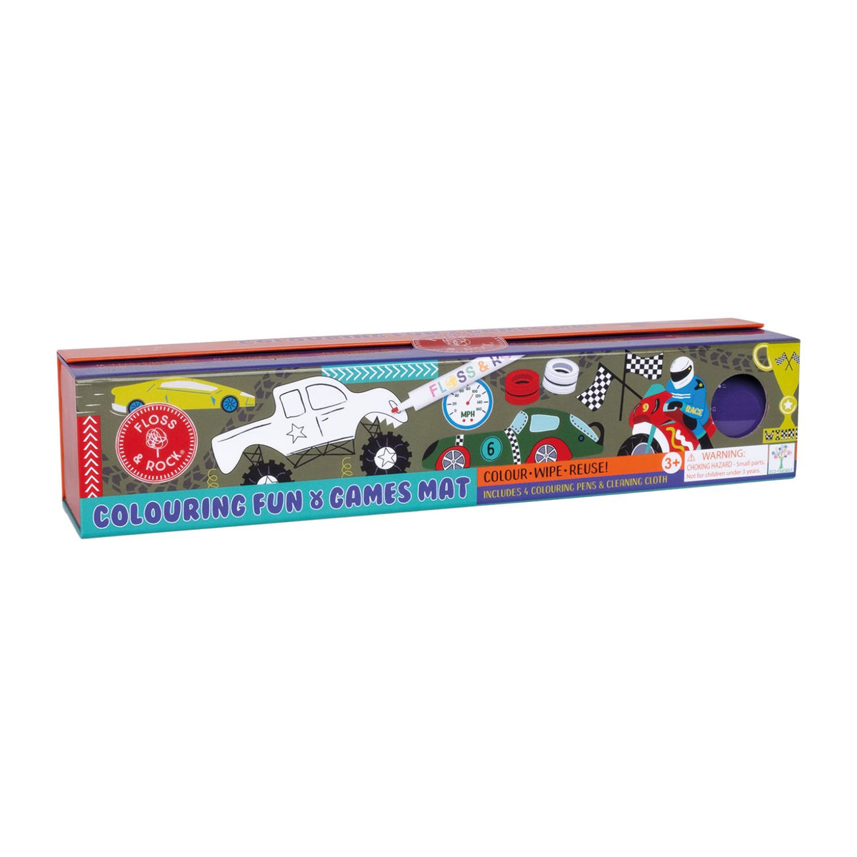 Packaging of a Colouring Fun and Games Mat with a car theme, including a silicone mat, pens, and a cleaning cloth.