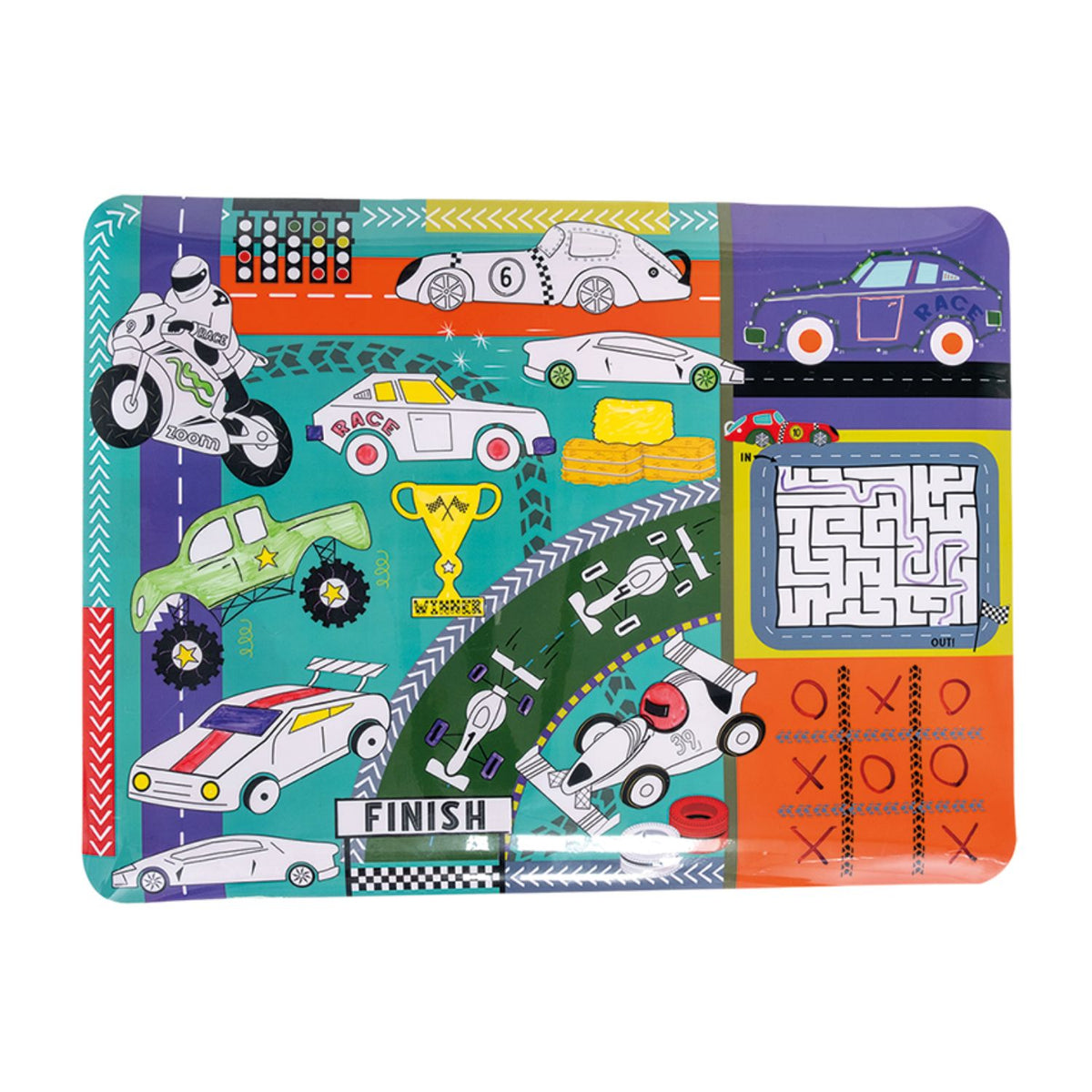 Packaging of a Colouring Fun and Games Mat with a car theme, including a silicone mat, pens, and a cleaning cloth. 