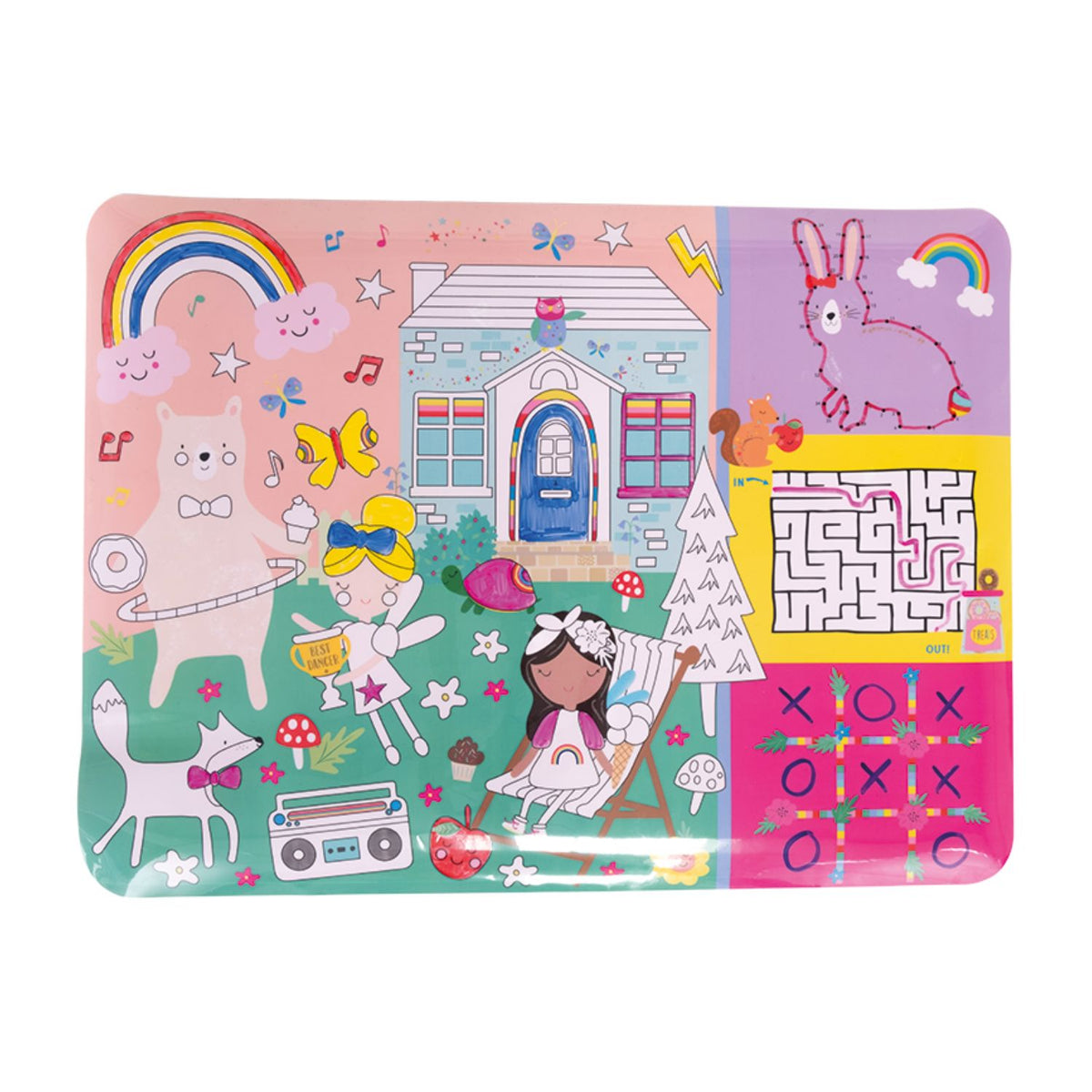Packaging of a Colouring Fun & Games Mat with a Rainbow Fairy theme, including illustrations of fairies and animals. The mat is designed for coloring and includes dry wipe pens and a cleaning cloth.