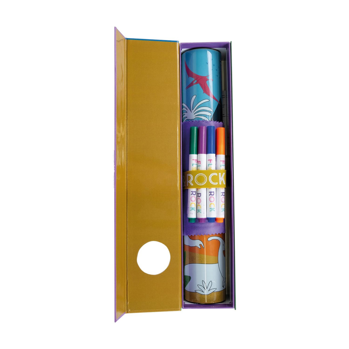 Packaging of a Colouring Fun and Games Mat with a dinosaur theme, including 4 color dry wipe pens and a cleaning cloth.