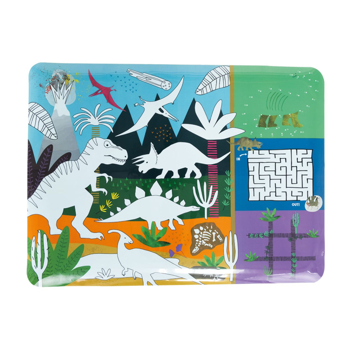 Packaging of a Colouring Fun and Games Mat with a dinosaur theme, including 4 color dry wipe pens and a cleaning cloth.